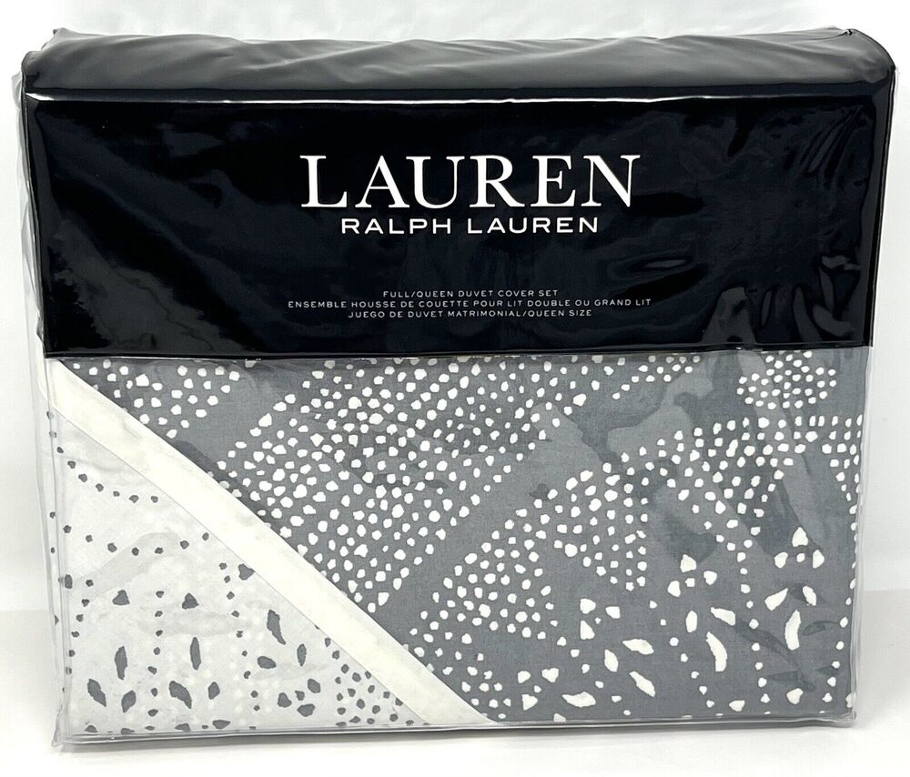 Ralph Lauren Gray Cream Full Queen Duvet Cover Set 2 Shams Reversible
